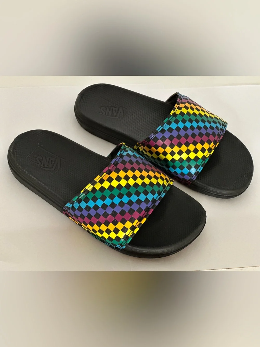 VANS | Cushy Black Slide Sandals with Rainbow Checkerboard Strap | Size 3 Y
